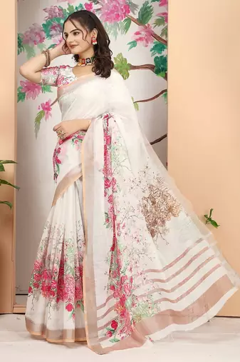 white printed pure cotton white saree with blouse
