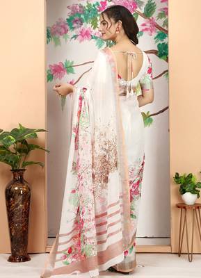 white printed pure cotton white saree with blouse 5