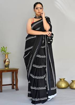 black printed pure cotton black saree with blouse 1