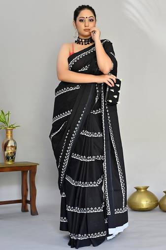 black printed pure cotton black saree with blouse