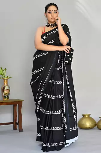 black printed pure cotton black saree with blouse
