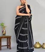 black printed pure cotton black saree with blouse