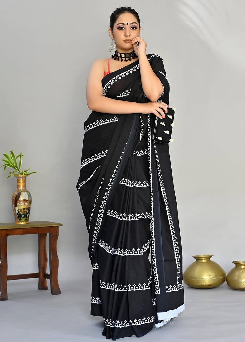 black printed pure cotton black saree with blouse