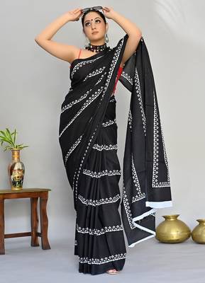 black printed pure cotton black saree with blouse 2