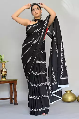 black printed pure cotton black saree with blouse