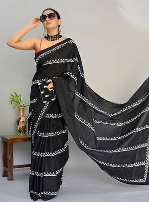 black printed pure cotton black saree with blouse 3
