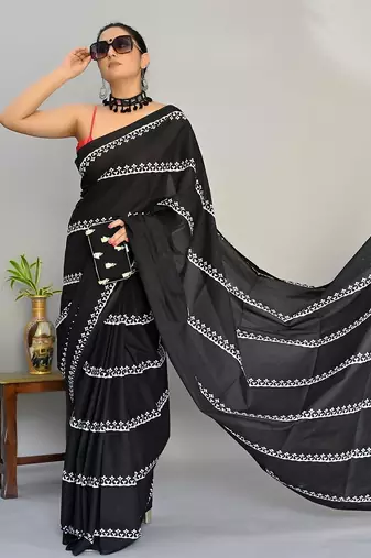 black printed pure cotton black saree with blouse