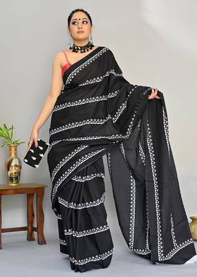 black printed pure cotton black saree with blouse 4