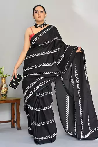 black printed pure cotton black saree with blouse