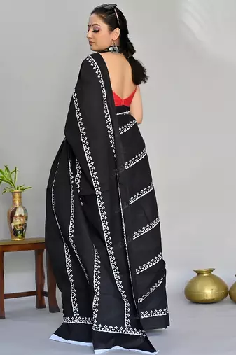 black printed pure cotton black saree with blouse