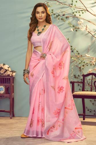 pink printed pure cotton pink saree with blouse
