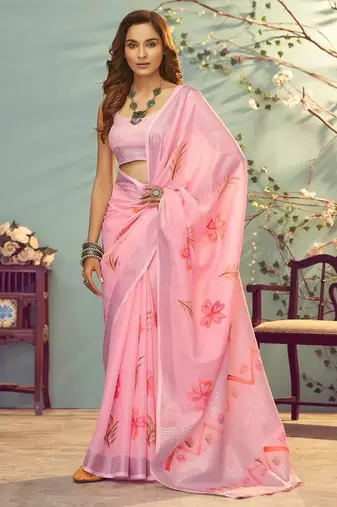 pink printed pure cotton pink saree with blouse