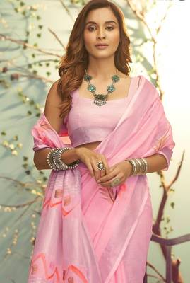 pink printed pure cotton pink saree with blouse 2