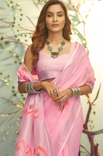 pink printed pure cotton pink saree with blouse