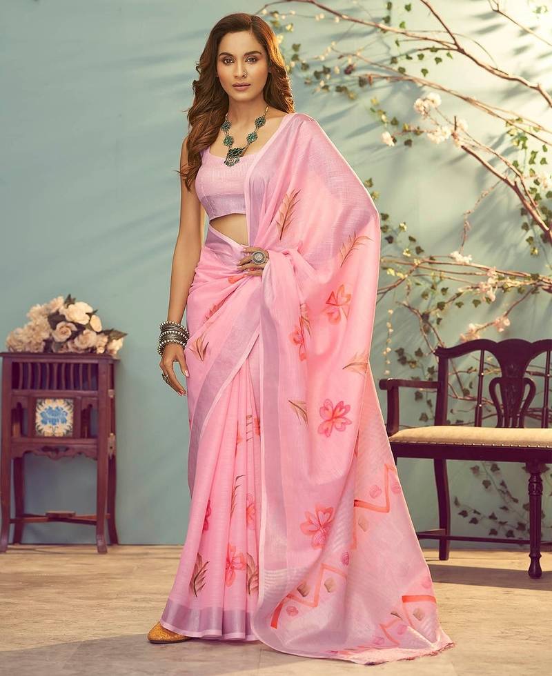pink printed pure cotton pink saree with blouse