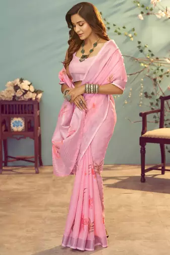 pink printed pure cotton pink saree with blouse
