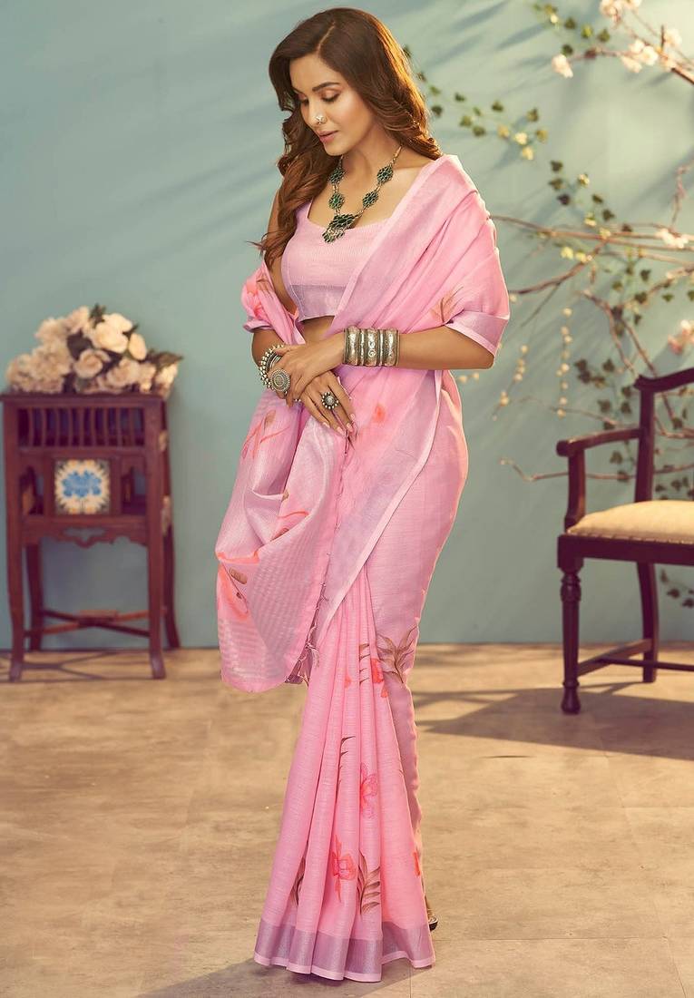 pink printed pure cotton pink saree with blouse