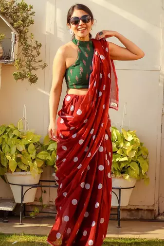 red printed pure cotton red saree with blouse