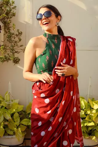 red printed pure cotton red saree with blouse