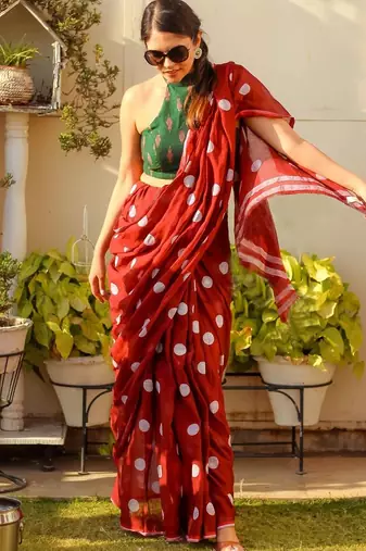 red printed pure cotton red saree with blouse