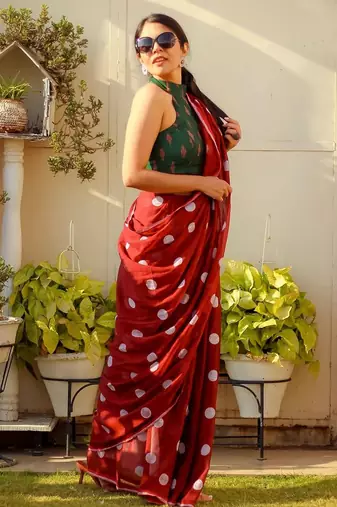 red printed pure cotton red saree with blouse