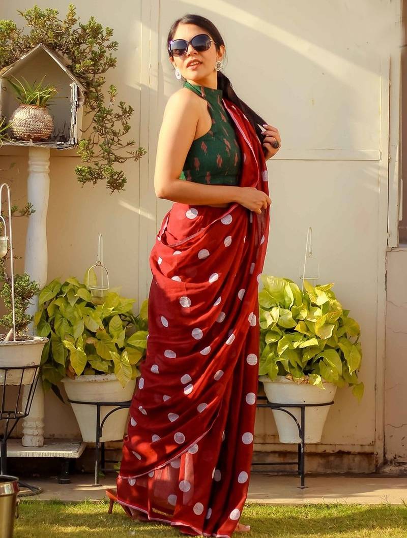 red printed pure cotton red saree with blouse