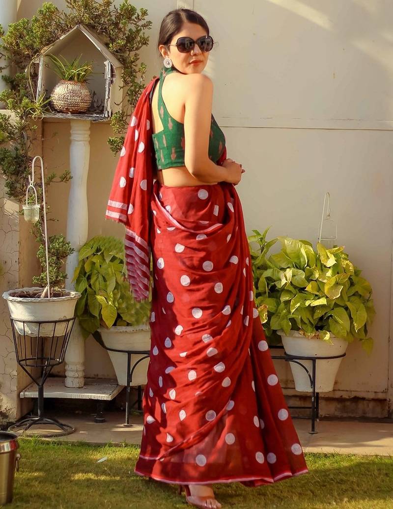 red printed pure cotton red saree with blouse