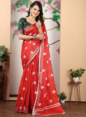 red printed pure cotton red saree with blouse 1