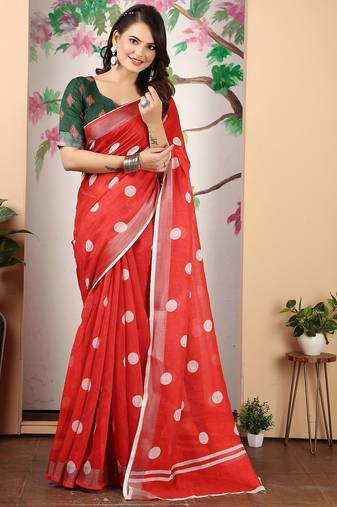 red printed pure cotton red saree with blouse