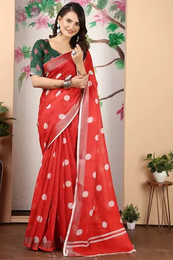 red printed pure cotton red saree with blouse