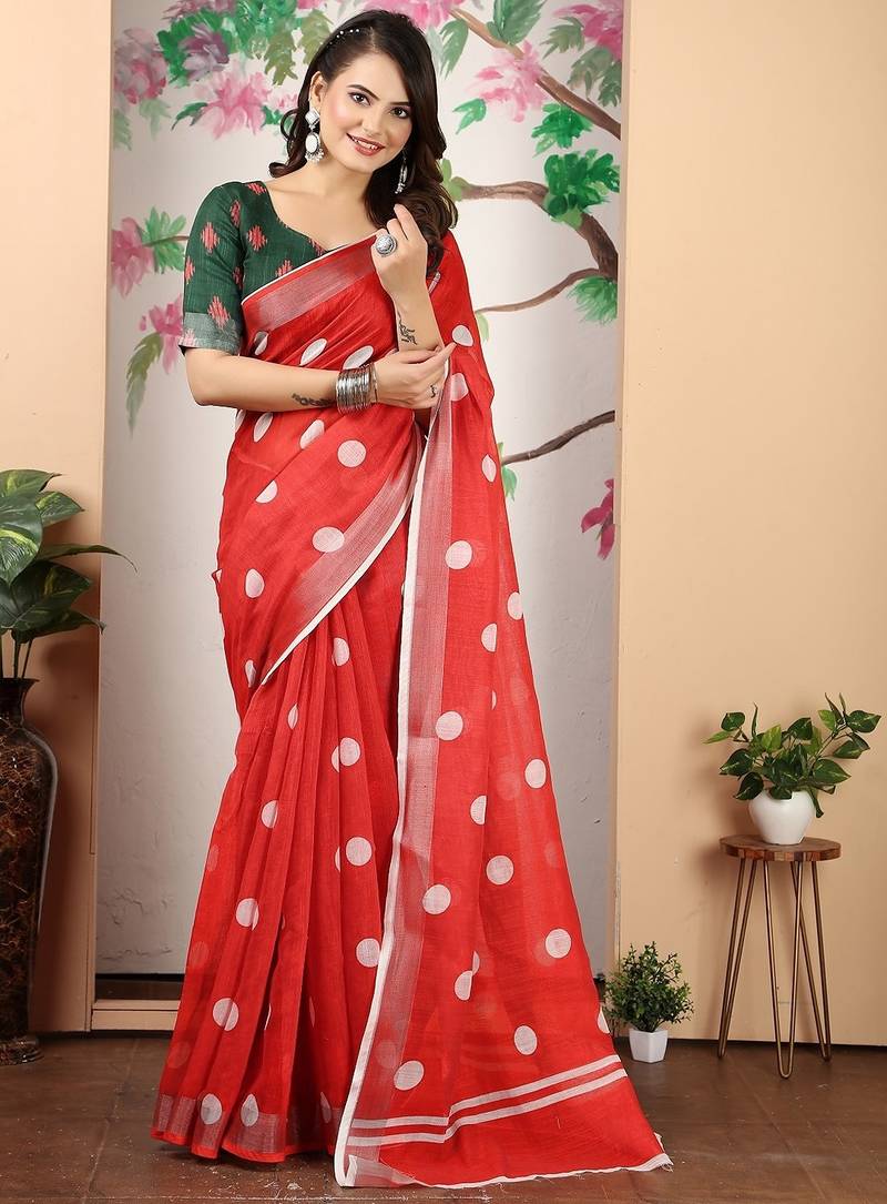 red printed pure cotton red saree with blouse