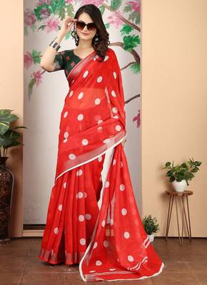 red printed pure cotton red saree with blouse 2
