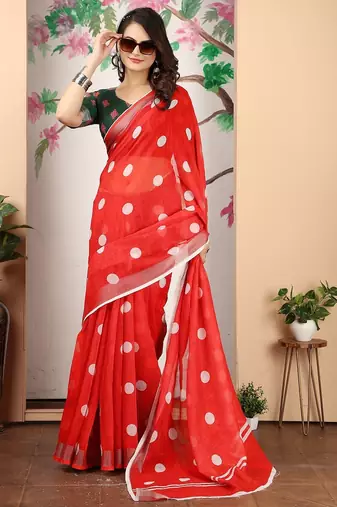 red printed pure cotton red saree with blouse