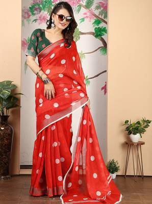 red printed pure cotton red saree with blouse 3