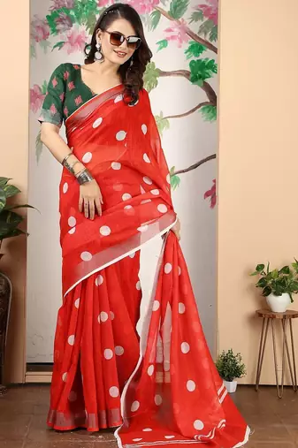 red printed pure cotton red saree with blouse