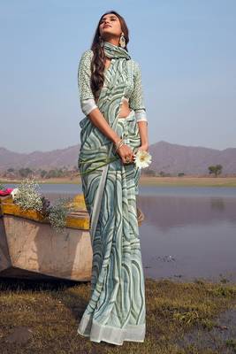 grey printed pure cotton grey saree with blouse 1