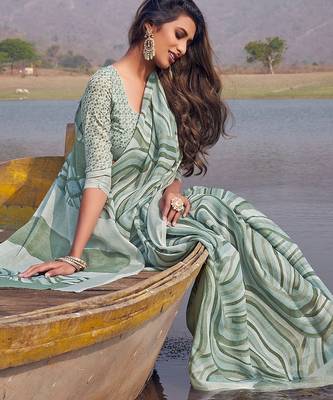grey printed pure cotton grey saree with blouse 3