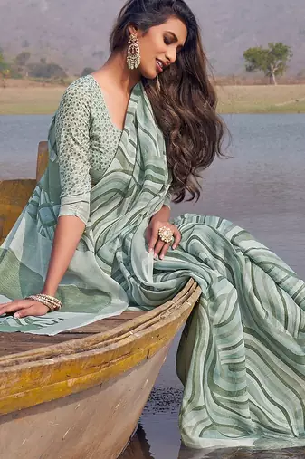 grey printed pure cotton grey saree with blouse