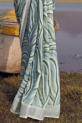 grey printed pure cotton grey saree with blouse 4