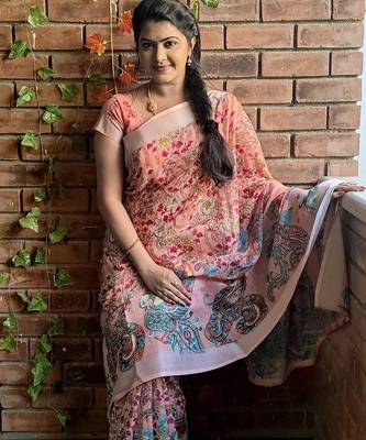 peach printed pure cotton peach saree with blouse 1