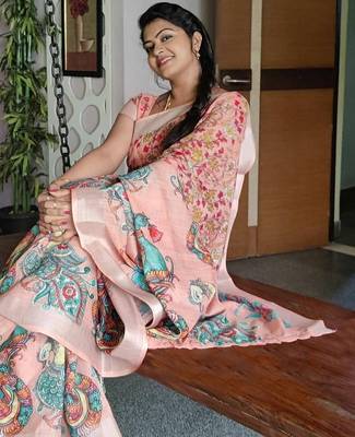 peach printed pure cotton peach saree with blouse 2