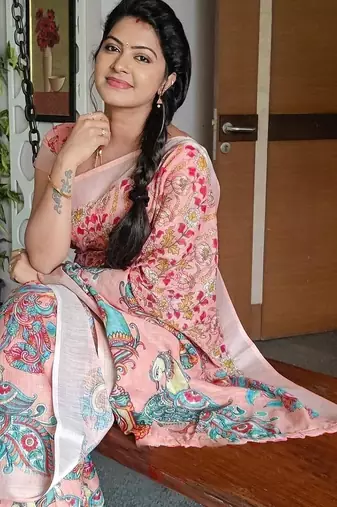 peach printed pure cotton peach saree with blouse