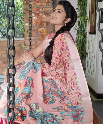 peach printed pure cotton peach saree with blouse 4