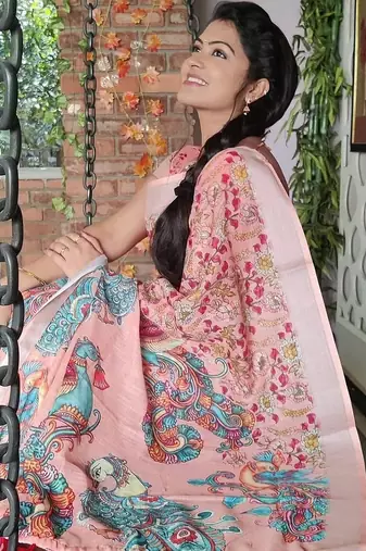 peach printed pure cotton peach saree with blouse