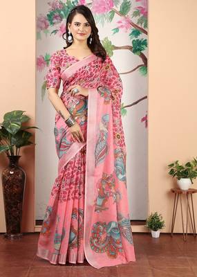 peach printed pure cotton peach saree with blouse 1