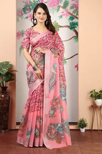 peach printed pure cotton peach saree with blouse