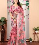 peach printed pure cotton peach saree with blouse