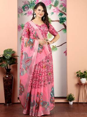peach printed pure cotton peach saree with blouse 2