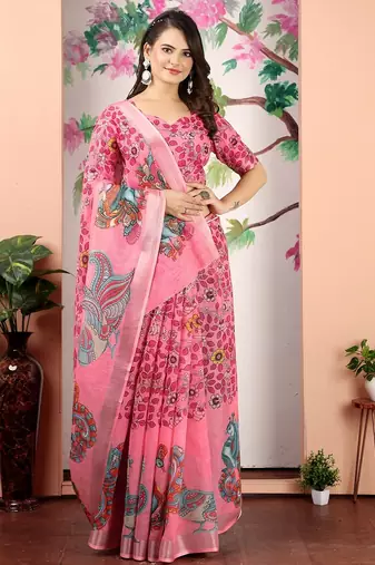 peach printed pure cotton peach saree with blouse