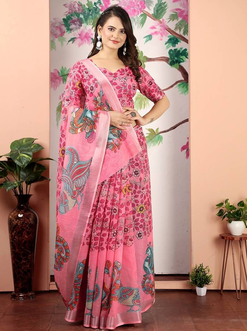 peach printed pure cotton peach saree with blouse